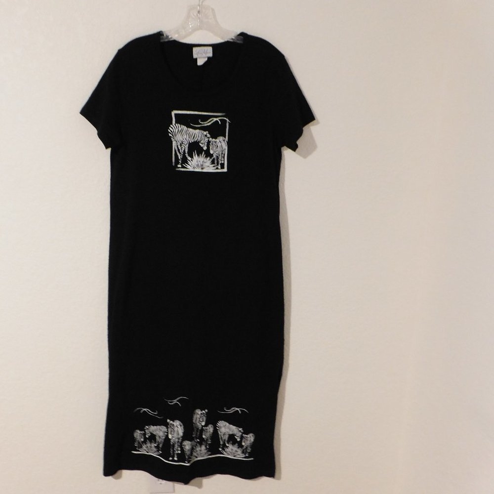 Cotton World T Shirt Dress Size Large Petite Black Zebra Short Sleeve USA